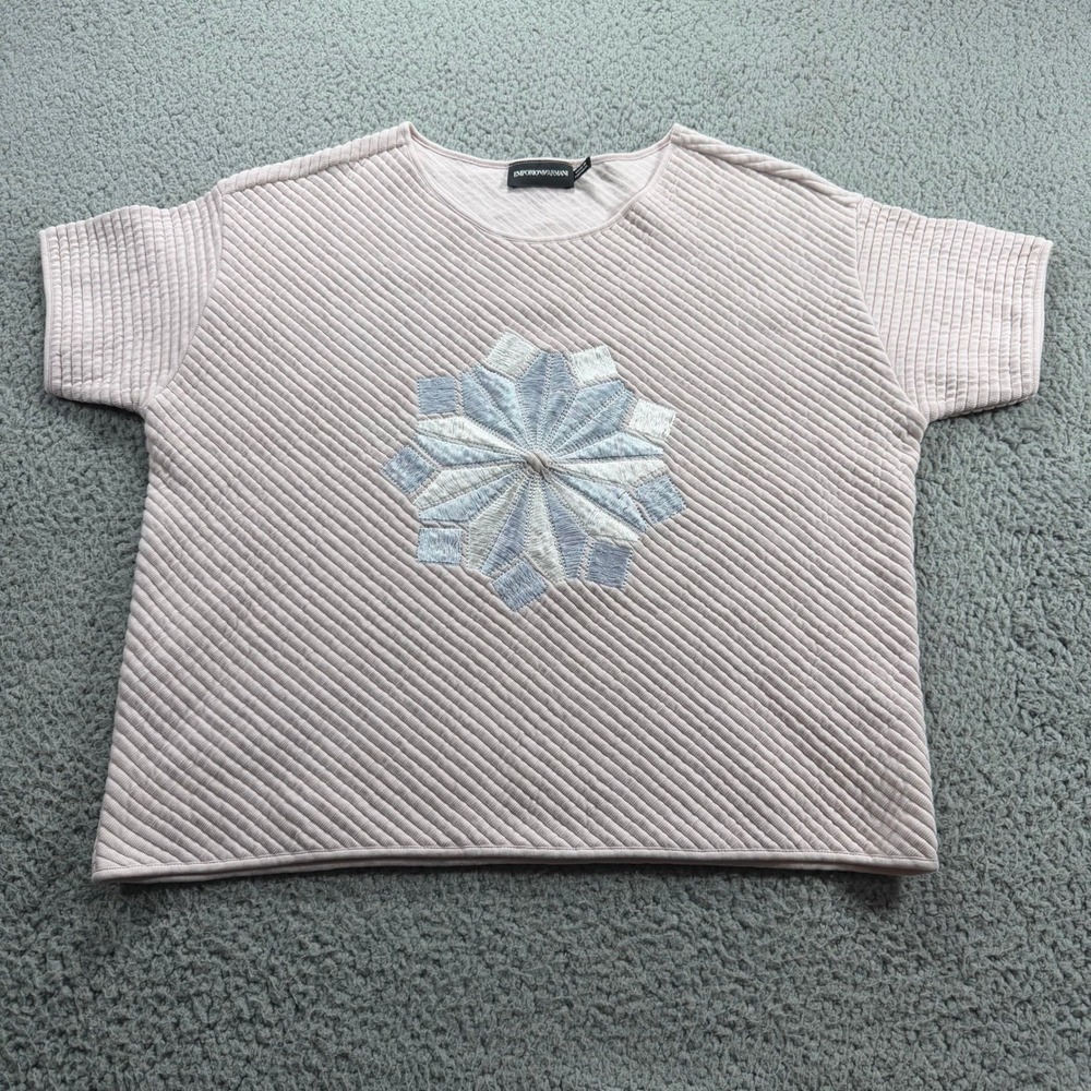 Emporio Armani Womens Ribbed Embroidered Medallion Short Sleeve Top Pink
